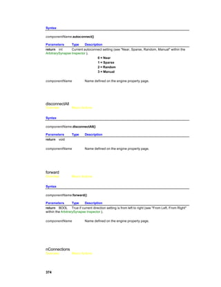 Syntax

componentName.autoconnect()

Parameters       Type     Description
return int       Current autoconnect setting (see "Near, Sparse, Random, Manual" within the
ArbitrarySynapse Inspector ).
                                  0 = Near
                                  1 = Sparse
                                  2 = Random
                                  3 = Manual

componentName             Name defined on the engine property page.




disconnectAll
Overview         Macro Actions


Syntax

componentName.disconnectAll()

Parameters       Type     Description
return void

componentName             Name defined on the engine property page.




forward
Overview         Macro Actions


Syntax

componentName.forward()

Parameters         Type   Description
return BOOL True if current direction setting is from left to right (see "From Left, From Right"
within the ArbitrarySynapse Inspector ).

componentName             Name defined on the engine property page.




nConnections
Overview         Macro Actions




374
 