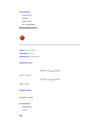 User Interaction:

      Drag and Drop

      Inspector

      Access Points

      DLL Implementation

BackCombinerAxon




Family: BackAxon Family

Superclass: BackAxon

Activation Dual: CombinerAxon



Sensitivity Function:




where i < N/2, and




where i >= N/2.



Gradient Function:




No weights to update.



User Interaction:

      Drag and Drop

      Inspector



384
 