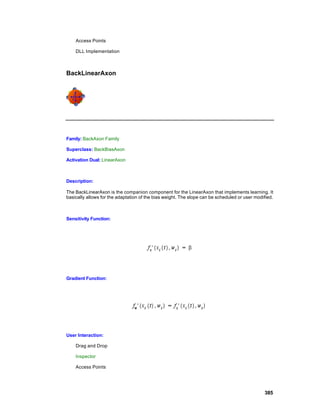 Access Points

    DLL Implementation



BackLinearAxon




Family: BackAxon Family

Superclass: BackBiasAxon

Activation Dual: LinearAxon



Description:

The BackLinearAxon is the companion component for the LinearAxon that implements learning. It
basically allows for the adaptation of the bias weight. The slope can be scheduled or user modified.



Sensitivity Function:




Gradient Function:




User Interaction:

    Drag and Drop

    Inspector

    Access Points




                                                                                               385
 