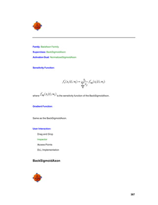 Family: BackAxon Family

Superclass: BackSigmoidAxon

Activation Dual: NormalizedSigmoidAxon



Sensitivity Function:




where                   is the sensitivity function of the BackSigmoidAxon.



Gradient Function:




Same as the BackSigmoidAxon.



User Interaction:

    Drag and Drop

    Inspector

    Access Points

    DLL Implementation



BackSigmoidAxon




                                                                              387
 