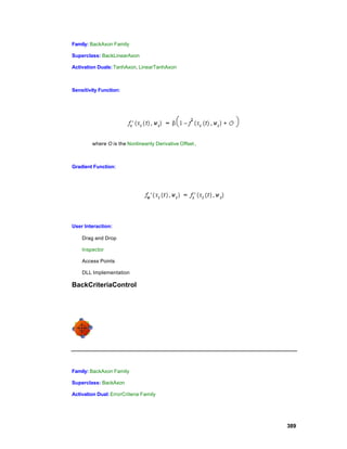 Family: BackAxon Family

Superclass: BackLinearAxon

Activation Duals: TanhAxon, LinearTanhAxon



Sensitivity Function:




         where O is the Nonlinearity Derivative Offset .



Gradient Function:




User Interaction:

    Drag and Drop

    Inspector

    Access Points

    DLL Implementation

BackCriteriaControl




Family: BackAxon Family

Superclass: BackAxon

Activation Dual: ErrorCriteria Family




                                                           389
 