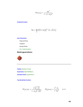 Gradient Function:




User Interaction:

    Drag and Drop

    Inspector

    Access Points

    DLL Implementation

BackLaguarreAxon




Family: BackAxon Family

Superclass: BackTDNNAxon

Activation Dual: LaguarreAxon



Tap Sensitivity Function:




                                403
 