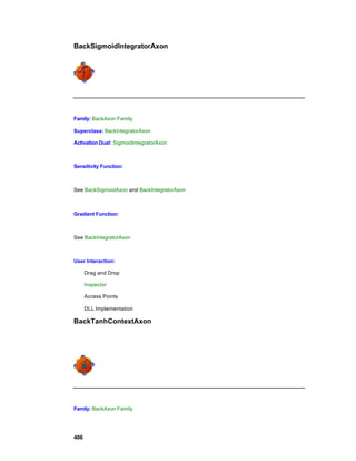 BackSigmoidIntegratorAxon




Family: BackAxon Family

Superclass: BackIntegratorAxon

Activation Dual: SigmoidIntegratorAxon



Sensitivity Function:



See BackSigmoidAxon and BackIntegratorAxon



Gradient Function:



See BackIntegratorAxon



User Interaction:

      Drag and Drop

      Inspector

      Access Points

      DLL Implementation

BackTanhContextAxon




Family: BackAxon Family




406
 