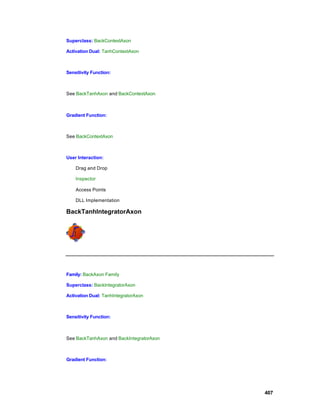 Superclass: BackContextAxon

Activation Dual: TanhContextAxon



Sensitivity Function:



See BackTanhAxon and BackContextAxon



Gradient Function:



See BackContextAxon



User Interaction:

    Drag and Drop

    Inspector

    Access Points

    DLL Implementation

BackTanhIntegratorAxon




Family: BackAxon Family

Superclass: BackIntegratorAxon

Activation Dual: TanhIntegratorAxon



Sensitivity Function:



See BackTanhAxon and BackIntegratorAxon



Gradient Function:




                                          407
 
