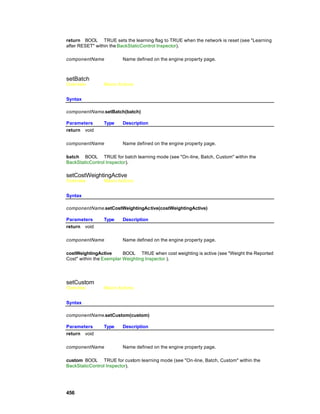 return BOOL TRUE sets the learning flag to TRUE when the network is reset (see "Learning
after RESET" within the BackStaticControl Inspector).

componentName           Name defined on the engine property page.



setBatch
Overview        Macro Actions


Syntax

componentName.setBatch(batch)

Parameters      Type    Description
return void

componentName           Name defined on the engine property page.

batch BOOL TRUE for batch learning mode (see "On-line, Batch, Custom" within the
BackStaticControl Inspector).

setCostWeightingActive
Overview        Macro Actions


Syntax

componentName.setCostWeightingActive(costWeightingActive)

Parameters      Type    Description
return void

componentName           Name defined on the engine property page.

costWeightingActive       BOOL TRUE when cost weighting is active (see "Weight the Reported
Cost" within the Exemplar Weighting Inspector ).




setCustom
Overview        Macro Actions


Syntax

componentName.setCustom(custom)

Parameters      Type    Description
return void

componentName           Name defined on the engine property page.

custom BOOL TRUE for custom learning mode (see "On -line, Batch, Custom" within the
BackStaticControl Inspector).




456
 