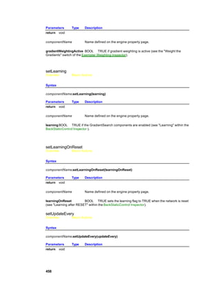 Parameters      Type    Description
return void

componentName           Name defined on the engine property page.

gradientWeightingActive BOOL TRUE if gradient weighting is active (see the "Weight the
Gradients" switch of the Exemplar Weighting Inspector).




setLearning
Overview        Macro Actions


Syntax

componentName.setLearning(learning)

Parameters      Type    Description
return void

componentName           Name defined on the engine property page.

learning BOOL TRUE if the GradientSearch components are enabled (see "Learning" within the
BackStaticControl Inspector ).




setLearningOnReset
Overview        Macro Actions


Syntax

componentName.setLearningOnReset(learningOnReset)

Parameters      Type    Description
return void

componentName           Name defined on the engine property page.

learningOnReset          BOOL TRUE sets the learning flag to TRUE when the network is reset
(see "Learning after RESET" within the BackStaticControl Inspector).

setUpdateEvery
Overview        Macro Actions


Syntax

componentName.setUpdateEvery(updateEvery)

Parameters      Type    Description
return void




458
 