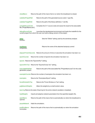 closeMacro        Returns the path of the macro that is run when the breadboard is closed.

codeGenProjectPath          Returns the path of the generated source code (*.cpp) file.

codeGenTargetPath           Returns the path of the library definition (*.nsl) file.

compileSourceCode           Compiles the C++ source code and saves the result to the executable
file ("ProjectName.exe").

debugSourceCode            Launches the development environment and loads the makefile for the
current project from which the user can build a debug version of the project.



dither                               Sets the "Dither" setting used by the sensitivity analysis
function.



dualName                             Returns the name of the attached backprop control
component.


elapsedTimeInSeconds        Returns the amount of time (in seconds) the simulation has been run.

epochCounter      Returns the number of epochs the simulation has been run.

epochs Returns the "Epochs/Run" setting.

epochsPerTest Returns the "Epochs/Cross Val." setting.

executableFilePath          Returns the path of the executable file ("ProjectName.exe") for the code
generation project.

exemplarCounter Returns the number of exemplars the simulation has been run.

exemplars         Returns the "Exemplars/Epoch" setting.

forceWindowOnTop            Returns the "Force Window on Top" setting.

jogNetworkWeights           Alters the weights by a small random value.

learning Returns the state of learning for the entire network (enabled or disabled).

loadWeights       Imports all adaptive network parameters from the specified weights file.

openMacro         Returns the path of the macro that is automatically run when the breadboard is
opened.

pauseNetwork      Halts the simultation.

postRunMacro      Returns the path of the macro that is automatically run when the simulation
concludes.




                                                                                                  463
 