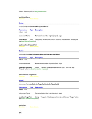 loaded or saved (see the Weights Inspector).



setCloseMacro
Overview         Macro Actions


Syntax

componentName.setCloseMacro(closeMacro)

Parameters       Type     Description
return void

componentName             Name defined on the engine property page.

closeMacro       string The path of the macro that is run when the breadboard is closed (see
the Auto Macros Inspector ).

setCodeGenProjectPath
Overview         Macro Actions


Syntax

componentName.setCodeGenProjectPath(codeGenProjectPath)

Parameters       Type     Description
return void

componentName             Name defined on the engine property page.

codeGenProjectPath         String The path of the generated source code (*.cpp) file (see
"Project" within the Code Generation Inspector).



setCodeGenTargetPath
Overview         Macro Actions


Syntax

componentName.setCodeGenTargetPath(codeGenTargetPath)

Parameters       Type     Description
return void

componentName             Name defined on the engine property page.

codeGenTargetPath        String   The path of the library definition (*.nsl) file (see "Target" within
the Code Generation Inspector).




setDither
Overview         Macro Actions



474
 