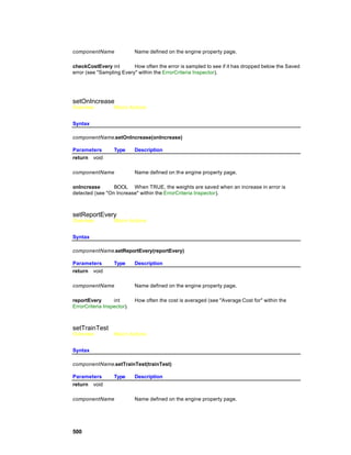 componentName               Name defined on the engine property page.

checkCostEvery int        How often the error is sampled to see if it has dropped below the Saved
error (see "Sampling Every" within the ErrorCriteria Inspector).




setOnIncrease
Overview          Macro Actions


Syntax

componentName.setOnIncrease(onIncrease)

Parameters        Type      Description
return void

componentName               Name defined on th e engine property page.

onIncrease       BOOL When TRUE, the weights are saved when an increase in error is
detected (see "On Increase" within the ErrorCriteria Inspector).



setReportEvery
Overview          Macro Actions


Syntax

componentName.setReportEvery(reportEvery)

Parameters        Type      Description
return void

componentName               Name defined on the engine property page.

reportEvery       int       How often the cost is averaged (see "Average Cost for" within the
ErrorCriteria Inspector).



setTrainTest
Overview          Macro Actions


Syntax

componentName.setTrainTest(trainTest)

Parameters        Type      Description
return void

componentName               Name defined on the engine property page.




500
 