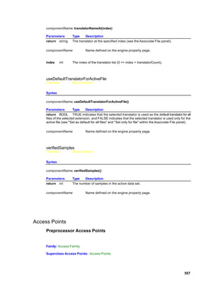 componentName. translatorNameAt(index)

     Parameters         Type    Description
     return string      The translator at the specified index (see the Associate File panel).

     componentName               Name defined on the engine property page.


     index    int       The index of the translator list (0 <= index < translatorCount).




     useDefaultTranslatorForActiveFile
     Overview           Macro Actions


     Syntax

     componentName. useDefaultTranslatorForActiveFile()

     Parameters          Type     Description
     return BOOL TRUE indicates that the selected translator is used as the default translator for all
     files of the selected extension, and FALSE indicates that the selected translator is used only for the
     active file (see "Set as default for all files" and "Set only for file" within the Associate File panel).

     componentName               Name defined on the engine property page.




     verifiedSamples
     Overview           Macro Actions


     Syntax

     componentName. verifiedSamples()

     Parameters         Type   Description
     return int         The number of samples in the active data set.

     componentName               Name defined on the engine property page.




Access Points
     Preprocessor Access Points


     Family: Access Family

     Superclass Access Points: Access Points




                                                                                                         557
 