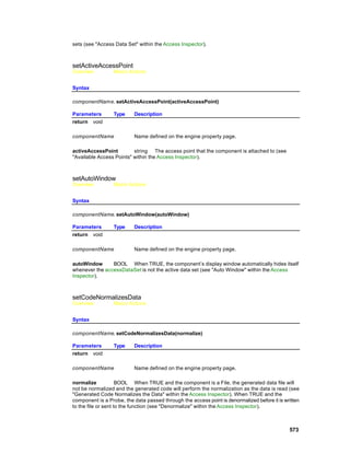 sets (see "Access Data Set" within the Access Inspector).



setActiveAccessPoint
Overview         Macro Actions


Syntax

componentName. setActiveAccessPoint(activeAccessPoint)

Parameters       Type     Description
return void

componentName             Name defined on the engine property page.

activeAccessPoint         string The access point that the component is attached to (see
"Available Access Points" within the Access Inspector).



setAutoWindow
Overview         Macro Actions


Syntax

componentName. setAutoWindow(autoWindow)

Parameters       Type     Description
return void

componentName             Name defined on the engine property page.

autoWindow      BOOL When TRUE, the component’s display window automatically hides itself
whenever the accessDataSet is not the active data set (see "Auto Window" within the Access
Inspector).



setCodeNormalizesData
Overview         Macro Actions


Syntax

componentName. setCodeNormalizesData(normalize)

Parameters       Type     Description
return void

componentName             Name defined on the engine property page.

normalize            BOOL When TRUE and the component is a File, the generated data file will
not be normalized and the generated code will perform the normalization as the data is read (see
"Generated Code Normalizes the Data" within the Access Inspector). When TRUE and the
component is a Probe, the data passed through the access point is denormalized before it is written
to the file or sent to the function (see "Denormalize" within the Access Inspector).



                                                                                              573
 