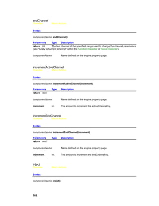 endChannel
Overview         Macro Actions


Syntax

componentName. endChannel()

Parameters       Type     Description
return int       The last channel of the specified range used to change the channel parameters
(see "Apply to Current Channel" within the Function Inspector or Noise Inspector).

componentName             Name defined on the engine property page.




incrementActiveChannel
Overview         Macro Actions


Syntax

componentName. incrementActiveChannel(increment)

Parameters       Type     Description
return void

componentName             Name defined on the engine property page.

increment        int      The amount to increment the activeChannel by.



incrementEndChannel
Overview         Macro Actions


Syntax

componentName. incrementEndChannel(increment)

Parameters       Type     Description
return void

componentName             Name defined on the engine property page.

increment        int      The amount to increment the endChannel by.



inject
Overview         Macro Actions


Syntax

componentName. inject()




582
 