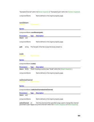 "Samples/Channel" within the Noise Inspector or "Samples/Cycle" within the Function Inspector).

componentName              Name defined on the engine property page.




saveStream
Overview          Macro Actions


Syntax

componentName. saveStream(path)

Parameters        Type     Description
return void

componentName              Name defined on the engine property page.


path     string   The full path of the file to save the binary stream to.




scale
Overview          Macro Actions


Syntax

componentName. scale()

Parameters        Type    Description
return BOOL       TRUE if scaling is active (see "Scale" within the Stream Inspector ).

componentName              Name defined on the engine property page.




setActiveChannel
Overview          Macro Actions


Syntax

componentName. setActiveChannel(activeChannel)

Parameters        Type     Description
return void

componentName              Name defined on the engine property page.

activeChannel int         The first channel of the specified range used to change the channel
parameters (see "Apply to Current Channel" within the Function Inspector or Noise Inspector).




                                                                                           585
 