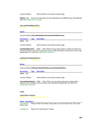 componentName             Name defined on the engine property page.

filePath string Saves the image shown by the ImageViewer to this BMP file (see "Save Bitmap"
within the ImageViewer Inspector).



setLoadPaletteBeforeRun
Overview         Macro Actions


Syntax

componentName.setLoadPaletteBeforeRun(loadPaletteBeforeRun)

Parameters       Type     Description
return void

componentName             Name defined on the engine property page.

loadPaletteBeforeRun        BOOL When TRUE, the gray-scale palette is loaded just before the
simulation begins in an effort to guarantee that the image will display correctly (see "Load image
palette before run" within the ImageViewer Inspector).



setRestorePaletteAfterRun
Overview         Macro Actions


Syntax

componentName.setRestorePaletteAfterRun(restorePaletteAfterRun)

Parameters       Type     Description
return void

componentName             Name defined on the engine property page.

restorePaletteAfterRun BOOL When TRUE, the original NeuroSolutions palette will be
restored at the completion of the simulation (see "Restore NS palette after run" within the
ImageViewer Inspector).




Label

Label Macro Actions
Overview         Superclass Macro Actions


Action Description
accessRows     Returns TRUE if the "Rows" radio button is set and FALSE if the "Cols" radio
button is set.

activeNeuron     Returns the "Active Neuron" setting.




                                                                                              625
 