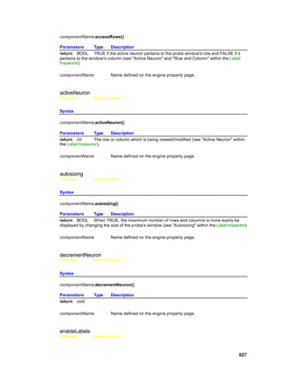 componentName.accessRows()

Parameters        Type    Description
return BOOL TRUE if the active neuron pertains to the probe window's row and FALSE if it
pertains to the window's column (see "Active Neuron" and "Row and Column" within the Label
Inspector).

componentName             Name defined on the engine property page.



activeNeuron
Overview         Macro Actions


Syntax

componentName.activeNeuron()

Parameters       Type    Description
return int       The row or column which is being viewed/modified (see "Active Neuron" within
the Label Inspector).

componentName             Name defined on the engine property page.



autosizing
Overview         Macro Actions


Syntax

componentName.autosizing()

Parameters       Type     Description
return BOOL When TRUE, the maximum number of rows and columns is more easily be
displayed by changing the size of the probe's window (see "Autosizing" within the Label Inspector).

componentName             Name defined on the engine property page.



decrementNeuron
Overview         Macro Actions


Syntax

componentName.decrementNeuron()

Parameters       Type     Description
return void

componentName             Name defined on the engine property page.



enableLabels
Overview         Macro Actions



                                                                                              627
 