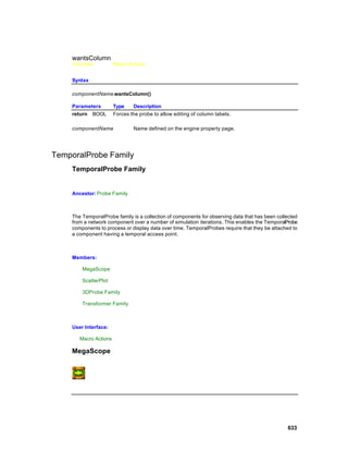wantsColumn
    Overview           Macro Actions


    Syntax

    componentName.wantsColumn()

    Parameters         Type    Description
    return BOOL        Forces the probe to allow editing of column labels.

    componentName              Name defined on the engine property page.




TemporalProbe Family
    TemporalProbe Family


    Ancestor: Probe Family



    The TemporalProbe family is a collection of components for observing data that has been collected
    from a network component over a number of simulation iterations. This enables the TemporalProbe
    components to process or display data over time. TemporalProbes require that they be attached to
    a component having a temporal access point.



    Members:

        MegaScope

        ScatterPlot

        3DProbe Family

        Transformer Family



    User Interface:

       Macro Actions

    MegaScope




                                                                                                633
 