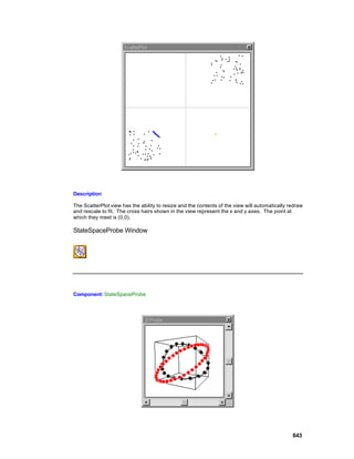 Description

The ScatterPlot view has the ability to resize and the contents of the view will automatically redraw
and rescale to fit. The cross hairs shown in the view represent the x and y axes. The point at
which they meet is (0,0).

StateSpaceProbe Window




Component: StateSpaceProbe




                                                                                                643
 