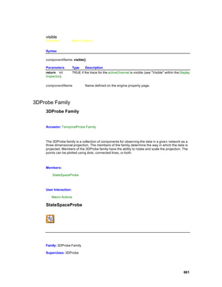 visible
    Overview            Macro Actions


    Syntax

    componentName. visible()

    Parameters          Type     Description
    return int          TRUE if the trace for the activeChannel is visible (see "Visible" within the Display
    Inspector).

    componentName                Name defined on the engine property page.




3DProbe Family
    3DProbe Family


    Ancestor: TemporalProbe Family



    The 3DProbe family is a collection of components for observing the data in a given network as a
    three dimensional projection. The members of the family determine the way in which the data is
    projected. Members of the 3DProbe family have the ability to rotate and scale the projection. The
    points can be plotted using dots, connected lines, or both.



    Members:

        StateSpaceProbe



    User Interaction:

       Macro Actions

    StateSpaceProbe




    Family: 3DProbe Family

    Superclass: 3DProbe




                                                                                                       661
 