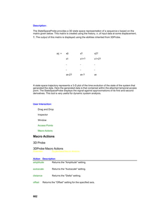 Description:

The StateSpaceProbe provides a 3D state space representation of a sequence x based on the
matrix given below. This matrix is created using the history, n, of input data at some displacement,
τ. The output of this matrix is displayed using the abilities inherited from 3DProbe.




                         aij =    x0            x?            x2?

                                  x1            x1+?          x1+2?

                                  .             .             .

                                  .             .             .

                                  xn-2?         xn-?          xn



A state space trajectory represents a 3-D plot of the time evolution of the state of the system that
generated the data. Here the generated data is that contained within the attached temporal access
point. The StateSpaceProbe displays the signal against approximations of its first and second
derivatives. This tool is very useful for dynamic system analysis.



User Interaction:

      Drag and Drop

      Inspector

      Window

      Access Points

      Macro Actions

Macro Actions

3D Probe

3DProbe Macro Actions
Overview            Superclass Macro Actions


Action Description
amplitude      Returns the "Amplitude" setting.

autoscale           Returns the "Autoscale" setting.

distance            Returns the "Delta" setting.

offset     Returns the "Offset" setting for the specified axis.




662
 