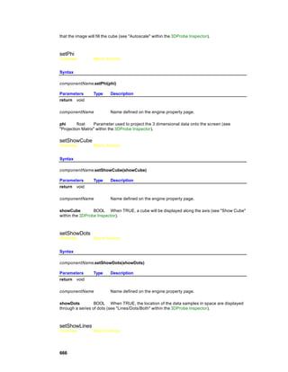 that the image will fill the cube (see "Autoscale" within the 3DProbe Inspector).



setPhi
Overview          Macro Actions


Syntax

componentName.setPhi(phi)

Parameters        Type     Description
return void

componentName              Name defined on the engine property page.

phi       float   Parameter used to project the 3 dimensional data onto the screen (see
"Projection Matrix" within the 3DProbe Inspector).

setShowCube
Overview          Macro Actions


Syntax

componentName.setShowCube(showCube)

Parameters        Type     Description
return void

componentName              Name defined on the engine property page.

showCube         BOOL When TRUE, a cube will be displayed along the axis (see "Show Cube"
within the 3DProbe Inspector).



setShowDots
Overview          Macro Actions


Syntax

componentName.setShowDots(showDots)

Parameters        Type     Description
return void

componentName              Name defined on the engine property page.

showDots          BOOL When TRUE, the location of the data samples in space are displayed
through a series of dots (see "Lines/Dots/Both" within the 3DProbe Inspector).



setShowLines
Overview          Macro Actions




666
 