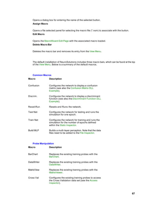 Opens a dialog box for entering the name of the selected button.
    Assign Macro

    Opens a file selected panel for selecting the macro file (*.nsm) to associate with the button.
    Edit Macro

    Opens the MacroWizard Edit Page with the associated macro loaded.
    Delete Macro Bar

    Deletes the macro bar and removes its entry from the View Menu.



    The default installation of NeuroSolutions includes three macro bars, which can be found at the top
    of the View Menu. Below is a summary of the default macros.



    Common Macros
Macro               Description

Confusion           Configures the network to display a confusion
                    matrix (see also the Confusion Matrix DLL
                    Example).

Discrim.            Configures the network to display a discriminant
                    function (see also the Discriminant Function DLL
                    Example).

Reset-Run           Resets and Runs the network.

Test Net            Configures the network for testing and runs the
                    simulation for one epoch.

Train Net           Configures the network for training and runs the
                    simulation for the number of epochs defined
                    within the Static Inspector.

Build MLP           Builds a multi -layer perception. Note that the data
                    files need to be added to the File Inspector.



    Probe Manipulation
Macro               Description


BarChart            Replaces the existing training probes with the
                    BarChart.

DataWriter          Replaces the existing training probes with the
                    DataWriter.

MatrixView          Replaces the existing training probes with the
                    MatrixViewer.

Cross Val           Configures the existing training probes to access
                    the Cross Validation data set (see the Access
                    inspector).



                                                                                                     67
 
