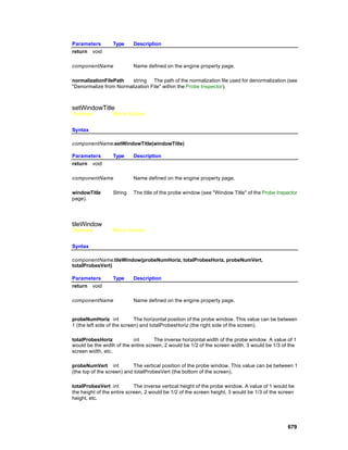 Parameters        Type     Description
return void

componentName              Name defined on the engine property page.

normalizationFilePath   string The path of the normalization file used for denormalization (see
"Denormalize from Normalization File" within the Probe Inspector).



setWindowTitle
Overview          Macro Actions


Syntax

componentName.setWindowTitle(windowTitle)

Parameters        Type     Description
return void

componentName              Name defined on the engine property page.

windowTitle       String   The title of the probe window (see "Window Title" of the Probe Inspector
page).




tileWindow
Overview          Macro Actions


Syntax

componentName.tileWindow(probeNumHoriz, totalProbesHoriz, probeNumVert,
totalProbesVert)

Parameters        Type     Description
return void

componentName              Name defined on the engine property page.


probeNumHoriz int            The horizontal position of the probe window. This value can be between
1 (the left side of the screen) and totalProbesHoriz (the right side of the screen).

totalProbesHoriz           int      The inverse horizontal width of the probe window. A value of 1
would be the width of the entire screen, 2 would be 1/2 of the screen width, 3 would be 1/3 of the
screen width, etc.

probeNumVert int            The vertical position of the probe window. This value can be between 1
(the top of the screen) and totalProbesVert (the bottom of the screen).

totalProbesVert int         The inverse vertical height of the probe window. A value of 1 would be
the height of the entire screen, 2 would be 1/2 of the screen height, 3 would be 1/3 of the screen
height, etc.




                                                                                               679
 