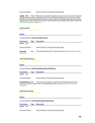 componentName             Name defined on the engine property page.

multBy BOOL When TRUE and the specified threshold has been crossed, then the Threshold
Adjustment value will be multiplied by the current Threshold to produce a new Threshold. When
FALSE and the specified threshold has been crossed, then the Threshold Adjustment value will be
added to the current Threshold to produce a new Threshold. (see "Mult By" and "Add to" within the
ThresholdTransmitter Inspector).



setThreshold
Overview         Macro Actions


Syntax

componentName. setThreshold(threshold)

Parameters       Type     Description
return void

componentName             Name defined on the engine property page.

threshold        float    The threshold value (see "Threshold" within the ThresholdTrans mitter
Inspector).



setThresholdDecay
Overview         Macro Actions


Syntax

componentName. setThresholdDecay(thresholdDecay)

Parameters       Type     Description
return void

componentName             Name defined on the engine property page.

thresholdDecay float     The amount to muliply by or add to the Threshold value when the
threshold has been crossed (see "Threshold Adjustment" within the ThresholdTransmitter
Inspector).



setThresholdType
Overview         Macro Actions


Syntax

componentName. setThresholdType(thresholdType)

Parameters       Type     Description
return void

componentName             Name defined on the engine property page.



                                                                                            709
 