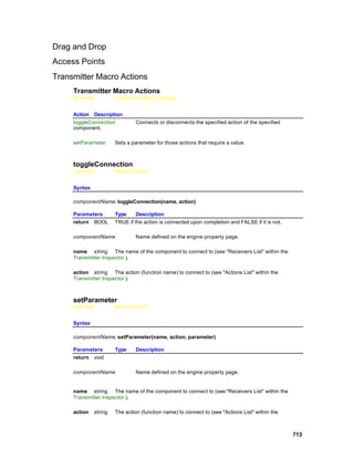 Drag and Drop
Access Points
Transmitter Macro Actions
     Transmitter Macro Actions
     Overview          Superclass Macro Actions


     Action Description
     toggleConnection           Connects or disconnects the specified action of the specified
     component.

     setParameter      Sets a parameter for those actions that require a value.



     toggleConnection
     Overview          Macro Actions


     Syntax

     componentName. toggleConnection(name, action)

     Parameters        Type     Description
     return BOOL       TRUE if the action is connected upon completion and FALSE if it is not.

     componentName              Name defined on the engine property page.

     name string The name of the component to connect to (see "Receivers List" within the
     Transmitter Inspector ).

     action string The action (function name) to connect to (see "Actions List" within the
     Transmitter Inspector ).



     setParameter
     Overview          Macro Actions


     Syntax

     componentName. setParameter(name, action, parameter)

     Parameters        Type     Description
     return void

     componentName              Name defined on the engine property page.


     name string The name of the component to connect to (see "Receivers List" within the
     Transmitter Inspector ).

     action   string   The action (function name) to connect to (see "Actions List" within the



                                                                                                 713
 