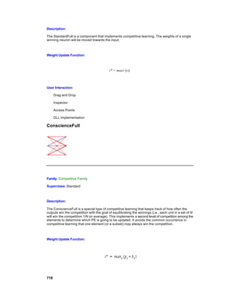 Description:

The StandardFull is a component that implements competitive learning. The weights of a single
winning neuron will be moved towards the input.



Weight Update Function:



                                           i* = maxi (yi)



User Interaction:

      Drag and Drop

      Inspector

      Access Points

      DLL Implementation

ConscienceFull




Family: Competitive Family

Superclass: Standard



Description:

The ConscienceFull is a special type of competitive learning that keeps track of how often the
outputs win the competition with the goal of equilibrating the winnings (i.e., each unit in a set of N
will win the competition 1/N on average). This implements a second level of competition among the
elements to determine which PE is going to be updated. It avoids the common occurrence in
competitive learning that one element (or a subset) may always win the competition.



Weight Update Function:




718
 