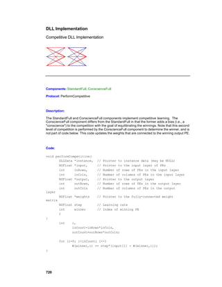 DLL Implementation
Competitive DLL Implementation




Components: StandardFull, ConscienceFull

Protocol: PerformCompetitive



Description:

The StandardFull and ConscienceFull components implement competitive learning. The
ConscienceFull component differs from the StandardFull in that the former adds a bias (i.e., a
"conscience") to the competition with the goal of equilibrating the winnings. Note that this second
level of competition is performed by the ConscienceFull component to determine the winner, and is
not part of code below. This code updates the weights that are connected to the winning output PE.



Code:

void performCompetitive(
       DLLData *instance, // Pointer to instance data (may be NULL)
       NSFloat *input,     // Pointer to the input layer of PEs
       int     inRows,     // Number of rows of PEs in the input layer
       int     inCols,     // Number of columns of PEs in the input layer
       NSFloat *output,    // Pointer to the output layer
       int     outRows,    // Number of rows of PEs in the output layer
       int     outCols     // Number of columns of PEs in the output
layer
       NSFloat *weights    // Pointer to the fully-connected weight
matrix
       NSFloat step        // Learning rate
       int     winner      // Index of winning PE
       )
{
       int    i,
              inCount=inRows*inCols,
              outCount=outRows*outCols;

         for (i=0; i<inCount; i++)
                W(winner,i) += step*(input[i] - W(winner,i));
}




720
 