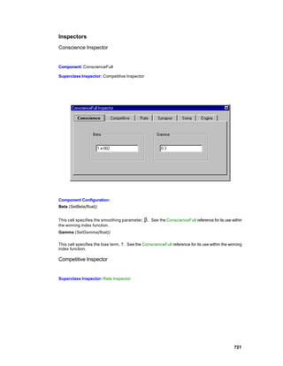Inspectors
Conscience Inspector


Component: ConscienceFull

Superclass Inspector: Competitive Inspector




Component Configuration:
Beta (SetBeta(float))


This cell specifies the smoothing parameter, β . See the ConscienceFull reference for its use within
the winning index function.
Gamma (SetGamma(float))

This cell specifies the bias term, ?. See the ConscienceFull reference for its use within the winning
index function.

Competitive Inspector


Superclass Inspector: Rate Inspector




                                                                                                721
 
