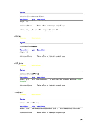 Syntax

      componentName. connectTo(name)

      Parameters        Type    Description
      return void

      componentName             Name defined on the engine property page.

      name     string   The name of the component to connect to.



delete
      Overview          Macro Actions


      Syntax

      componentName. delete()

      Parameters        Type    Description
      return void

      componentName             Name defined on the engine property page.




dllActive
      Overview          Macro Actions


      Syntax

      componentName. dllActive()

      Parameters        Type    Description
      return BOOL       TRUE if the associated DLL is being used (see " Use DLL" within the Engine
      Inspector ).

      componentName             Name defined on the engine property page.




dllName
      Overview          Macro Actions


      Syntax

      componentName. dllName()

      Parameters        Type   Description
      return string     The name (excluding extension) of the DLL associated with the component.

      componentName             Name defined on the engine p roperty page.



                                                                                                747
 