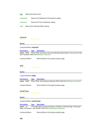 Text     Returns the edit box text.

transparent       Returns the "Background Transparent" setting.

underlined        Returns the "Font Underlined" setting.

width    Returns the "Edit Area Width" setting.




autosize
Overview          Macro Actions


Syntax

componentName. autosize()

Parameters       Type      Description
return BOOL When TRUE, the edit box size automatically adjusts based on the amount of text
(see "Autosize" within the EditEngine Inspector).

componentName              Name defined on the engine property page.




bold
Overview          Macro Actions


Syntax

componentName. bold()

Parameters        Type   Description
return BOOL       When TRUE, the font type is bold (see "Bold" within the EditEngine Inspector).

componentName              Name defined on the engine property page.



borderType
Overview          Macro Actions


Syntax

componentName. borderType()

Parameters     Type      Description
return int     The border type of a text box (0=None, 5=Raised, 6=Etched Edge, 9=Bumped
Edge, 10=Sunken -- see "Border" within the TextBoxEngine Inspector).

componentName              Name defined on the engine property page.



764
 