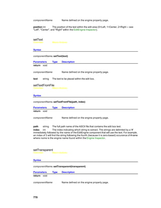 componentName              Name defined on the engine property page.

position int       The position of the text within the edit area (0=Left, 1=Center, 2=Right -- see
"Left", "Center", and "Right" within the EditEngine Inspector).



setText
Overview          Macro Actions


Syntax

componentName. setText(text)

Parameters        Type     Description
return void

componentName              Name defined on the engine property page.

text     string   The text to be placed within the edit box.

setTextFromFile
Overview          Macro Actions


Syntax

componentName. setTextFromFile(path, index)

Parameters        Type     Description
return void

componentName              Name defined on the engine property page.


path     string The full path name of the ASCII file that contains the edit box text.
index int           The index indicating which string to extract. The strings are delimited by a '#'
immediately followed by the name of the EditEngine component that will use the text. For example,
an index of 3 will find the string following the fourth (because it is zero-based) occurance of #name
where name is the engine name found within the Engine Inspector.




setTransparent
Overview          Macro Actions


Syntax

componentName. setTransparent(transparent)

Parameters        Type     Description
return void

componentName              Name defined on the engine property page.




770
 