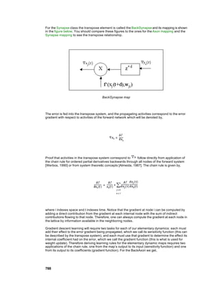 For the Synapse class the transpose element is called the BackSynapse and its mapping is shown
in the figure below. You should compare these figures to the ones for the Axon mapping and the
Synapse mapping to see the transpose relationship.




                                          BackSynapse map




The error is fed into the transpose system, and the propagating activities correspond to the error
gradient with respect to activities of the forward network which will be denoted by,




Proof that activities in the transpose system correspond to     follow directly from application of
the chain rule for ordered partial derivatives backwards through all nodes of the forward system
[Werbos, 1990] or from system theoretic concepts [Almeida, 1987]. The chain rule is given by,




where i indexes space and t indexes time. Notice that the gradient at node i can be computed by
adding a direct contribution from the gradient at each internal node with the sum of indirect
contributions flowing to that node. Therefore, one can always compute the gradient at each node in
the lattice by information available in the neighboring nodes.

Gradient descent learning will require two tasks for each of our elementary dynamics: each must
add their effect to the error gradient being propagated, which we call its sensitivity function (this can
be described by the transpose system), and each must use that gradient to determine the effect its
internal coefficient had on the error, which we call the gradient function (this is what is used for
weight update). Therefore deriving learning rules for the elementary dynamic maps requires two
applications of the chain rule, one from the map’s output to its input (sensitivity function) and one
from its output to its coefficients (gradient function). For the BackAxon we get,




788
 
