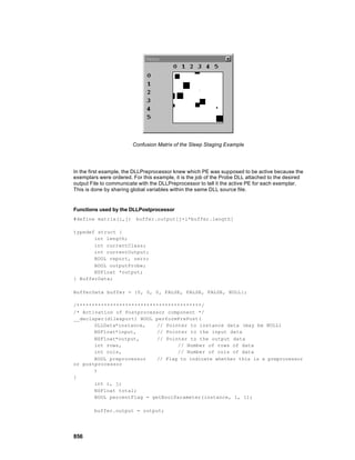 Confusion Matrix of the Sleep Staging Example




In the first example, the DLLPreprocessor knew which PE was supposed to be active because the
exemplars were ordered. For this example, it is the job of the Probe DLL attached to the desired
output File to communicate with the DLLPreprocessor to tell it the active PE for each exemplar.
This is done by sharing global variables within the same DLL source file.


Functions used by the DLLPostprocessor
#define matrix(i,j)       buffer.output[j+i*buffer.length]

typedef struct {
       int length;
       int currentClass;
       int currentOutput;
       BOOL report, zero;
       BOOL outputProbe;
       NSFloat *output;
} BufferData;

BufferData buffer = {0, 0, 0, FALSE, FALSE, FALSE, NULL};

/*****************************************/
/* Activation of Postprocessor component */
__declspec(dllexport) BOOL performPrePost(
       DLLData*instance,    // Pointer to instance data (may be NULL)
       NSFloat*input,       // Pointer to the input data
       NSFloat*output,      // Pointer to the output data
       int rows,                   // Number of rows of data
       int cols,                   // Number of cols of data
       BOOL preprocessor    // Flag to indicate whether this is a preprocessor
or postprocessor
       )
{
       int i, j;
       NSFloat total;
       BOOL percentFlag = getBoolParameter(instance, 1, 1);

        buffer.output = output;




856
 