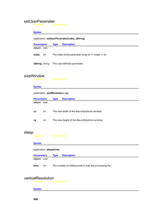 setUserParameter
        Overview         MacroActions


        Syntax

        application. setUserParameter(index, aString)

        Parameters       Type      Description
        return void

        index    int     The index of the parameter array (0 <= index <= 9).


        aString string   The user-defined parameter.




sizeWindow
        Overview         MacroActions


        Syntax

        application. sizeWindow(cx, cy)

        Parameters       Type      Description
        return void


        cx       int     The new width of the NeuroSolutions window.


        cy       int     The new height of the NeuroSolutions window.




sleep
        Overview         MacroActions


        Syntax

        application. sleep(time)

        Parameters       Type      Description
        return void

        time     int     The number of milliseconds to halt the processing for.




verticalResolution
        Overview         MacroActions


        Syntax



        946
 