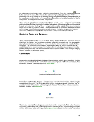 the breadboard or component where the copy should b e placed. Then click the Paste            toolbar
button to create the clone. If the Paste button is disabled (grayed-out), that means that the
component can not be pasted on the selected location. Copied components that reside directly on
the breadboard must be pasted on the breadboard. Copied components that are attached to other
components must be pasted onto other components .

These concepts get a bit more complicated, and more powerful, when a component is connected to
other components on the breadboard. There are basically two methods for connecting components:
through connectors and stacking. When a component is moved or copied, all components stacked
on top of it will also be moved or copied. Components attached by connectors will be disconnected
during a copy, except for those connections made between the copied components. However,
connectors will be disconnected when a component is removed from the breadboard.

Replacing Axons and Synapses


There will often be times when you would like to change the transfer function or memory structure
of an Axon, or change a fully connected Synapse to a sparsely connected one. This requires that
you replace a component, which can be inconvenient when other components are attached and
connected. The component replace feature automatically swaps an Axon or Synapse and re-
establishes all of the attachments and connections. Simply select the new component from the
palette, place your cursor over the component to replace (notice that the cursor changes to a gray
stamp), and click the left mouse button.

Connectors


Constructing a network topology is equivalent to assigning the order in which data flows th rough
network components. Data flow connections are made using male and female connectors . These
connectors have the icons illustrated in the figure below.




                                Male Connector Female Connector




Connections are formed by dragging a MaleConnector over a FemaleConnector and releasing the
mouse button (dropping). The cursor will turn to a move cursor when a male is dragged over an
available female. Otherwise the forbidden sign will show up. The icon for a male connected to a
female is shown in the figure below.




                                            Connection




There is also a shortcut for making a connection between two components. First, select the source
component (by single-clicking the left mouse button), then single click the destination component
with the right mouse button to bring up the Component Menu. Select the "Connect to" menu item.




                                                                                                  95
 