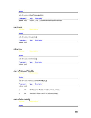 Syntax

     activeBreadboard. lockWindowUpdate()

     Parameters      Type    Description
     return void     Returns TRUE if the statement executed successfully.




maximize
     Overview        Macro Actions


     Syntax

     activeBreadboard. maximize()

     Parameters      Type     Description
     return void




minimize
     Overview        Macro Actions


     Syntax

     activeBreadboard. minimize()

     Parameters      Type     Description
     return void




moveAnimatePointBy
     Overview        Macro Actions


     Syntax

     activeBreadboard. moveAnimatePointBy(x, y)

     Parameters      Type     Description
     return void

     x        int    The horizontal offset to move the animate point by.

     y        int    The vertical offset to move the animate point by.



moveSelectionBy
     Overview        Macro Actions


     Syntax



                                                                            953
 