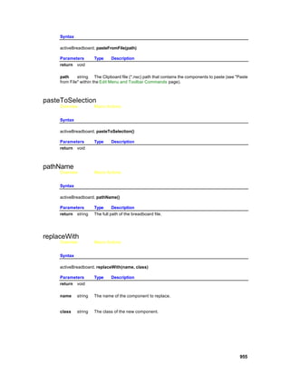 Syntax

     activeBreadboard. pasteFromFile(path)

     Parameters        Type     Description
     return void

     path     string The Clipboard file (*.nsc) path that contains the components to paste (see "Paste
     from File" within the Edit Menu and Toolbar Commands page).



pasteToSelection
     Overview          Macro Actions


     Syntax

     activeBreadboard. pasteToSelection()

     Parameters        Type     Description
     return void



pathName
     Overview          Macro Actions


     Syntax

     activeBreadboard. pathName()

     Parameters        Type      Description
     return string     The full path of the breadboard file.




replaceWith
     Overview          Macro Actions


     Syntax

     activeBreadboard. replaceWith(name, class)

     Parameters        Type     Description
     return void

     name     string   The name of the component to replace.


     class    string   The class of the new component.




                                                                                                 955
 