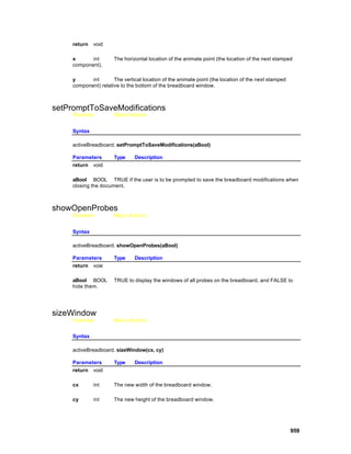 return   void

     x      int        The horizontal location of the animate point (the location of the next stamped
     component).

     y      int       The vertical location of the animate point (the location of the next stamped
     component) relative to the bottom of the breadboard window.



setPromptToSaveModifications
     Overview          Macro Actions


     Syntax

     activeBreadboard. setPromptToSaveModifications(aBool)

     Parameters        Type     Description
     return void

     aBool BOOL TRUE if the user is to be prompted to save the breadboard modifications when
     closing the document.



showOpenProbes
     Overview          Macro Actions


     Syntax

     activeBreadboard. showOpenProbes(aBool)

     Parameters        Type     Description
     return voie

     aBool BOOL        TRUE to display the windows of all probes on the breadboard, and FALSE to
     hide them.




sizeWindow
     Overview          Macro Actions


     Syntax

     activeBreadboard. sizeWindow(cx, cy)

     Parameters        Type     Description
     return void

     cx       int      The new width of the breadboard window.

     cy       int      The new height of the breadboard window.




                                                                                                     959
 
