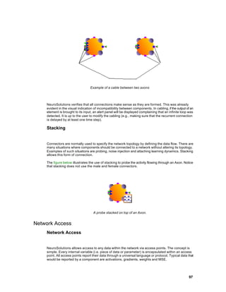 Example of a cable between two axons




    NeuroSolutions verifies that all connections make sense as they are formed. This was already
    evident in the visual indication of incompatibility between components. In cabling, if the output of an
    element is brought to its input, an alert panel will be displayed complaining that an infinite loop was
    detected. It is up to the user to modify the cabling (e.g., making sure that the recurrent connection
    is delayed by at least one time step).

    Stacking


    Connectors are normally used to specify the network topology by defining the data flow. There are
    many situations where components should be connected to a network without altering its topology.
    Examples of such situations are probing, noise injection and attaching learning dynamics. Stacking
    allows this form of connection.

    The figure below illustrates the use of stacking to probe the activity flowing through an Axon. Notice
    that stacking does not use the male and female connectors.




                                    A probe stacked on top of an Axon.


Network Access
    Network Access


    NeuroSolutions allows access to any data within the network via access points. The concept is
    simple. Every internal variable (i.e. piece of data or parameter) is encapsulated within an access
    point. All access points report their data through a universal language or protocol. Typical data that
    would be reported by a component are activations, gradients, weights and MSE.




                                                                                                       97
 