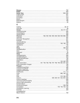 Browse ................................................................................................................. 762
Buffer.................................................................................................................... 602
Buffer Size..................................................................................................... 604, 605
bufferLength........................................................................................................... 621
bufferSize .............................................................................................................. 615
bumpStep .............................................................................................................. 519
Button.................................................................................................................... 758
ButtonEngine ......................................................................................................... 758
Buttons .................................................................................................................... 65
C
Cabling ...............................................................................................................96, 97
Cascade .................................................................................................................. 58
Center.......................................................................................................58, 317, 761
centerHorizontal ..................................................................................................... 950
centerObjects......................................................................................................... 950
centerVertical ......................................................................................................... 950
Channel ...................................................... 562, 563, 564, 565, 636, 638, 639, 685, 686
channels ................................................................................................................ 581
Character Recognition ............................................................................................ 261
Example ................................................................................................................ 261
checkCostEvery ..................................................................................................... 498
Classification............................................................................................ 105, 106, 107
className ............................................................................................................. 746
clear ...................................................................................................................... 615
Clear.............................................................................................................. 369, 603
clearBeforeRun ...................................................................................................... 615
Click ........................................................................................................................ 91
Clipboard ................................................................................................................. 59
Close .................................................................................................................... 444
closeApplication ..................................................................................................... 948
closeBreadboard .................................................................................................... 942
closeEngineWindow ............................................................................................... 746
closeMacro ............................................................................................................ 466
Code ....................................................................................................... 103, 442, 443
Code Generation................................... 441, 794, 795, 796, 797, 798, 799, 800, 801, 802
Code Generation Chapter ....................................................................................... 794
Purpose ................................................................................................................ 794
codeGenProjectPath............................................................................................... 466
codeGenTargetPath ............................................................................................... 466
codeNormalizesData .............................................................................................. 571
Coefficients ..................................................................................................... 111, 112
Color ....................................................................................................... 686, 760, 761
cols ....................................................................................................................... 308
Cols......................................................................................................... 315, 350, 567
Column .............................................................................. 528, 529, 531, 532, 607, 608
Column headings ................................................................................................... 608
columnCountForActiveFile ...................................................................................... 542
columnTagForActiveFile ......................................................................................... 542
CombinerAxon ....................................................................................................... 274
CombinerSynapse........................................................................................... 359, 369
Competitive .......................................................................................145, 146, 720, 722
Competitive Learning .............................................................................................. 253
Example ................................................................................................................ 253
CompetitiveFull
Macro Actions ........................................................................................................ 722


972
 