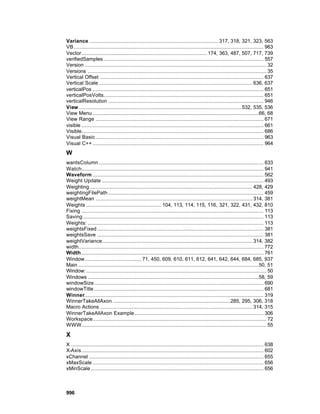 Variance .................................................................................. 317, 318, 321, 323, 563
VB ......................................................................................................................... 963
Vector................................................................................ 174, 363, 487, 507, 717, 739
verifiedSamples ...................................................................................................... 557
Version .................................................................................................................... 32
Versions .................................................................................................................. 35
Vertical Offset ........................................................................................................ 637
Vertical Scale .................................................................................................. 636, 637
verticalPos ............................................................................................................. 651
verticalPosVolts...................................................................................................... 651
verticalResolution ................................................................................................... 946
View........................................................................................................ 532, 535, 536
View Menu ..........................................................................................................66, 68
View Range ........................................................................................................... 671
visible .................................................................................................................... 661
Visible.................................................................................................................... 686
Visual Basic ........................................................................................................... 963
Visual C++ ............................................................................................................. 964
W
wantsColumn ......................................................................................................... 633
Watch.................................................................................................................... 941
Waveform ............................................................................................................. 562
Weight Update ....................................................................................................... 493
Weighting........................................................................................................ 428, 429
weightingFilePath ................................................................................................... 459
weightMean .................................................................................................... 314, 381
Weights ................................................ 104, 113, 114, 115, 116, 321, 322, 431, 432, 810
Fixing .................................................................................................................... 113
Saving ................................................................................................................... 113
Weights: ................................................................................................................ 113
weightsFixed .......................................................................................................... 381
weightsSave .......................................................................................................... 381
weightVariance................................................................................................ 314, 382
width...................................................................................................................... 772
Width .................................................................................................................... 761
Window.................................... 71, 450, 609, 610, 611, 612, 641, 642, 644, 684, 685, 937
Main ...................................................................................................................50, 51
Window: ................................................................................................................... 50
Windows .............................................................................................................58, 59
windowSize............................................................................................................ 690
windowTitle ............................................................................................................ 681
Winner.................................................................................................................. 319
WinnerTakeAllAxon ...........................................................................285, 295, 306, 318
Macro Actions ................................................................................................. 314, 315
WinnerTakeAllAxon Example .................................................................................. 306
Workspace............................................................................................................... 72
WWW...................................................................................................................... 55

X
X ........................................................................................................................... 638
X-Axis .................................................................................................................... 602
xChannel ............................................................................................................... 655
xMaxScale ............................................................................................................. 656
xMinScale .............................................................................................................. 656



996
 