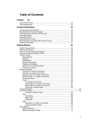 Table of Contents
Preface               32
   About On-line Help ................................................................................. 32
   Acknowledgments .................................................................................. 32
Product Information                                                                                                                33
   Contacting NeuroDimension.................................................................... 33
   NeuroSolutions Technical Support ........................................................... 34
   NeuroDimension Products and Services .................................................. 35
   Level Restrictions ................................................................................... 39
   Evaluation Mode..................................................................................... 40
   NeuroSolutions Pricing ........................................................................... 40
   NeuroSolutions University Site License Pricing ......................................... 41
   Ordering Information ............................................................................... 41
Getting Started                                                                                                                    42
   System Requirements............................................................................. 42
   Running the Demos ................................................................................ 42
   What to do after Running the Demos ....................................................... 45
   Frequently Asked Questions (FAQ) ......................................................... 45
   Terms to Know....................................................................................... 50
       Main Window ................................................................................... 50
       Inspector.......................................................................................... 51
       Breadboards .................................................................................... 52
       Neural Components.......................................................................... 53
       Toolbars and Palettes ....................................................................... 53
       Selection and Stamping Modes ......................................................... 54
       Temporary License........................................................................... 54
   Menus & Toolbars .................................................................................. 55
       File Menu & Toolbar Commands ....................................................... 55
       Edit Menu & Toolbar Commands ....................................................... 56
       Alignment Menu & Toolbar Commands .............................................. 57
       Windows Menu & Toolbar Commands .............................................. 58
       Component Menu ............................................................................. 59
       Tools ............................................................................................... 59
            Tools Menu Commands .............................................................. 59
            Control Menu & Toolbar Commands ............................................ 61
            Macro Menu & Toolbar Commands ............................................. 62
            Customize Toolbars Page ........................................................... 63
   Component Palettes......................................................................................................................................63
   Command Toolbars .......................................................................................................................................64
          Customize Buttons Page............................................................. 65
      View ................................................................................................ 66
          View Menu ................................................................................. 66
          Macro Bars ................................................................................ 66
          Status Bar.................................................................................. 68
      Help................................................................................................. 69
          Help Menu & Toolbar Commands ................................................ 69
          Activate Software Panel .............................................................. 70
   User Options .......................................................................................... 71
      Options Window ............................................................................... 71
      Options Workspace Page.................................................................. 72



                                                                                                                                                           1
 