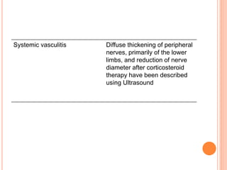 Systemic vasculitis Diffuse thickening of peripheral
nerves, primarily of the lower
limbs, and reduction of nerve
diameter after corticosteroid
therapy have been described
using Ultrasound
 