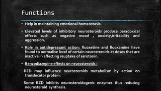 Functions
• Help in maintaining emotional homeostasis.
• Elevated levels of inhibitory neurosteroids produce paradoxical
effects such as negative mood , anxiety,irritability and
aggression.
• Role in antidepressant action: fluoxetine and fluoxamine have
found to normalise level of certain neurosteroids at doses that are
inactive in affecting reuptake of serotonin.
• Benzodiazepine effects on neurosteroids :
BZD may influence neurosteroids metabolism by action on
translocator protein.
Some BZD inhibits neurosteroidogenic enzymes thus reducing
neurosteroid synthesis.
 