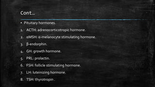 Cont…
▪ Pituitary hormones.
1. ACTH: adrenocorticotropic hormone.
2. αMSH: α-melanocyte stimulating hormone.
3. β-endorphin.
4. GH: growth hormone.
5. PRL: prolactin.
6. FSH: follicle stimulating hormone.
7. LH: luteinizing hormone.
8. TSH: thyrotropin .
 