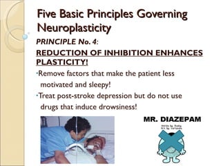 Five Basic Principles Governing Neuroplasticity PRINCIPLE No. 4 : REDUCTION OF INHIBITION ENHANCES PLASTICITY! Remove factors that make the patient less  motivated and sleepy! Treat post-stroke depression but do not use  drugs that induce drowsiness! 