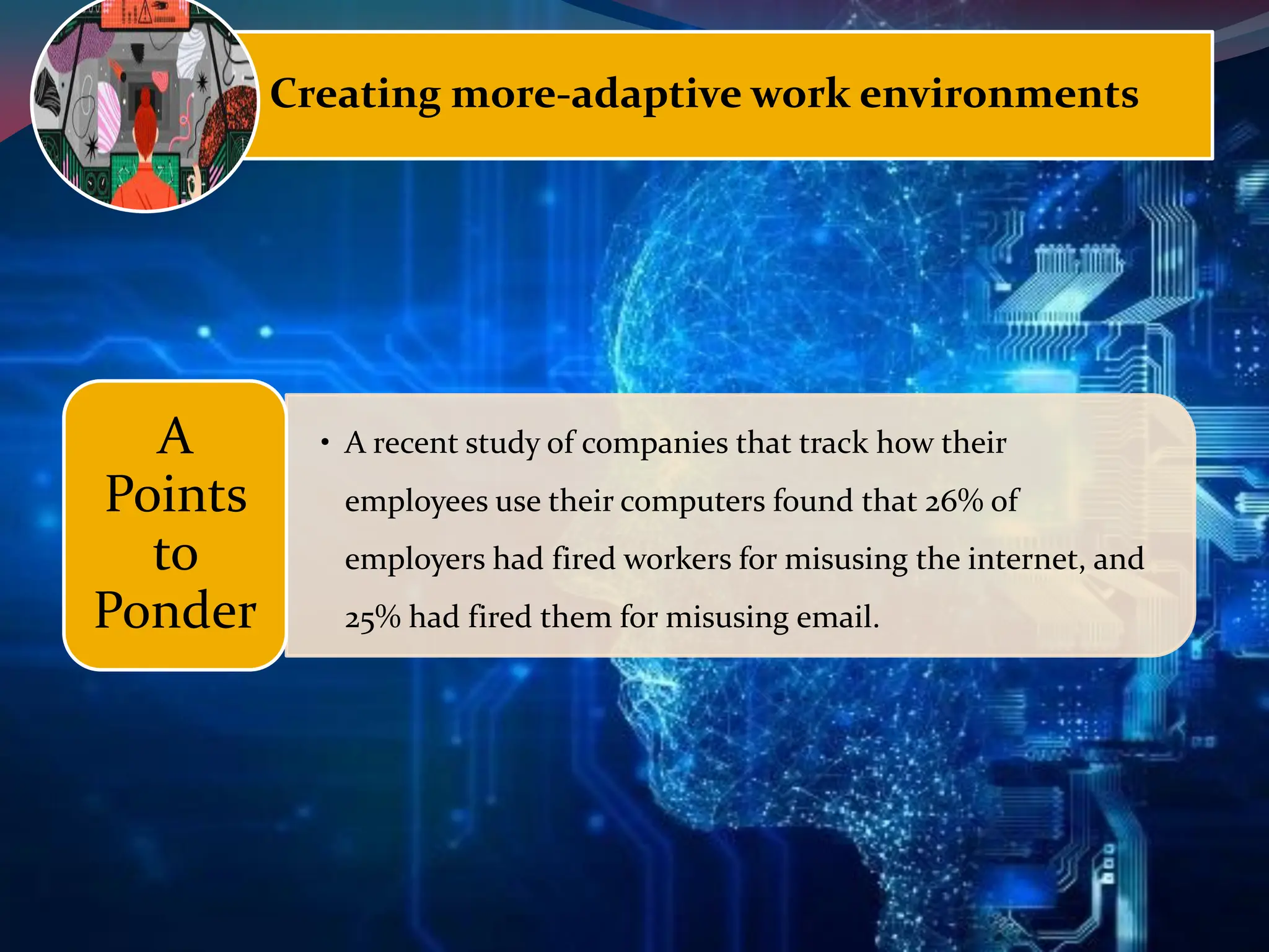 Creating more-adaptive work environments
• A recent study of companies that track how their
employees use their computers found that 26% of
employers had fired workers for misusing the internet, and
25% had fired them for misusing email.
A
Points
to
Ponder
 